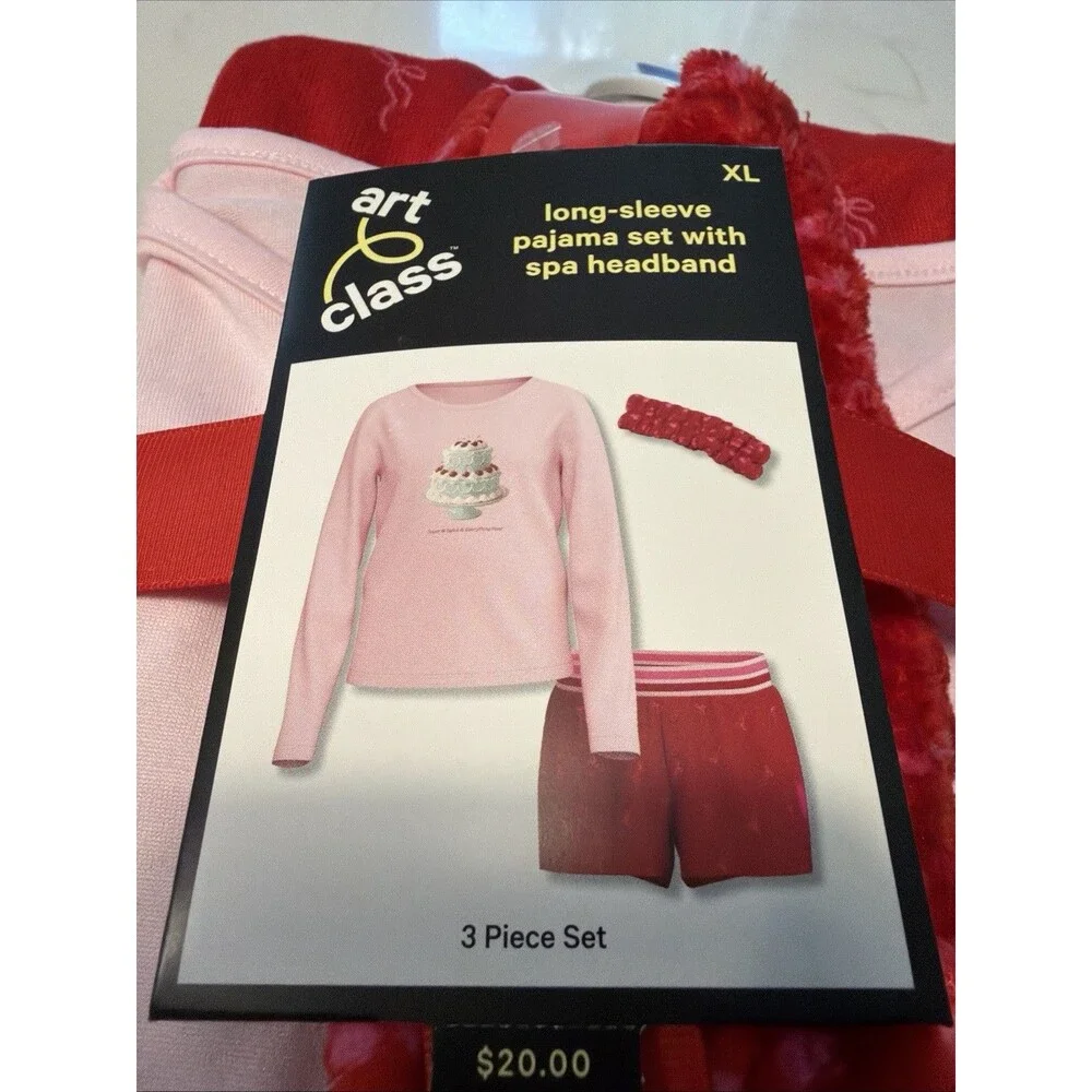 Art Class Girls XL 14-16 Pink Long Sleeve Pajama Set Spa Headband 3 Pc NWT